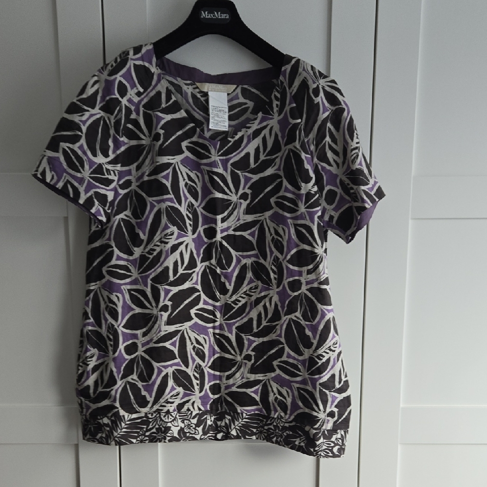 MaxMara Purple and Cream Leaf-Print Short Sleeve Linen Top size 10 - Picture 2 of 9